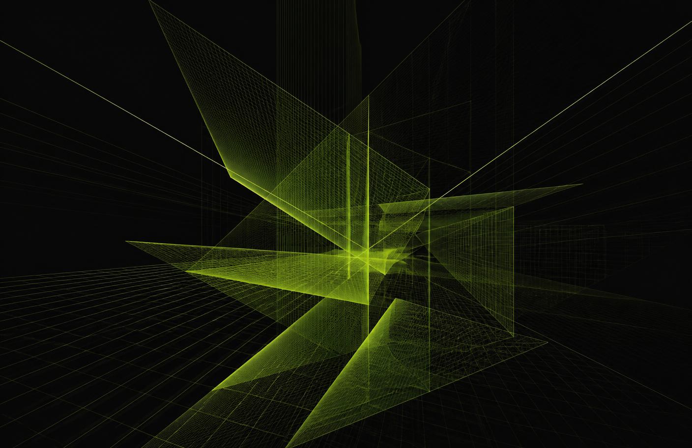 Abstract computing graphic of lime wireframe planes and grid lines on a dark background