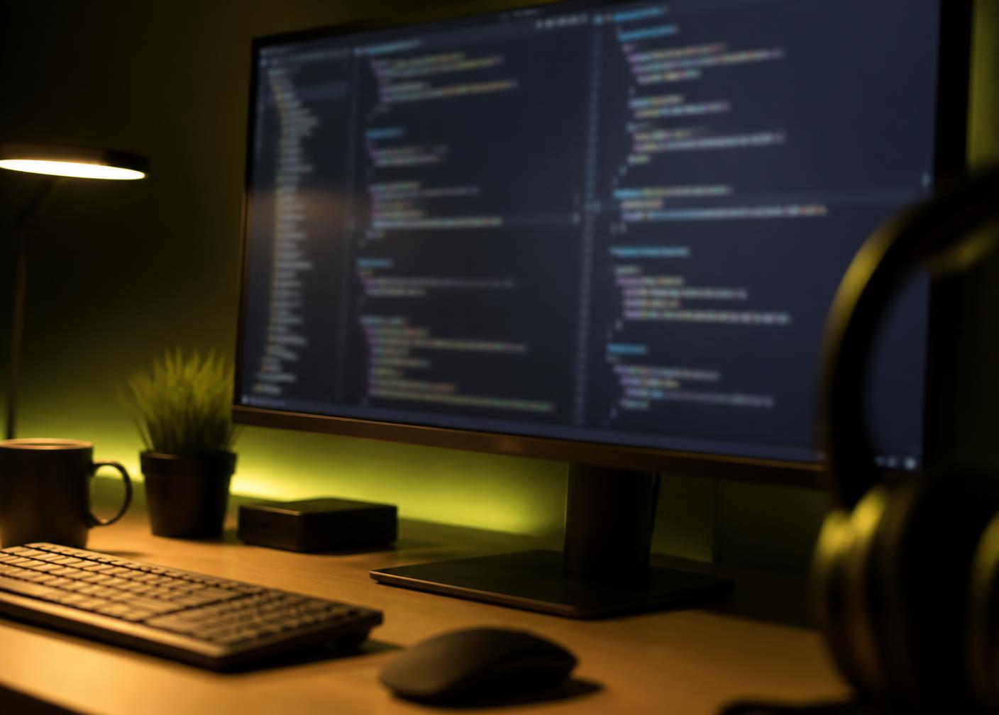 Developer workstation at night showing a code editor on a wide monitor with warm accent lighting