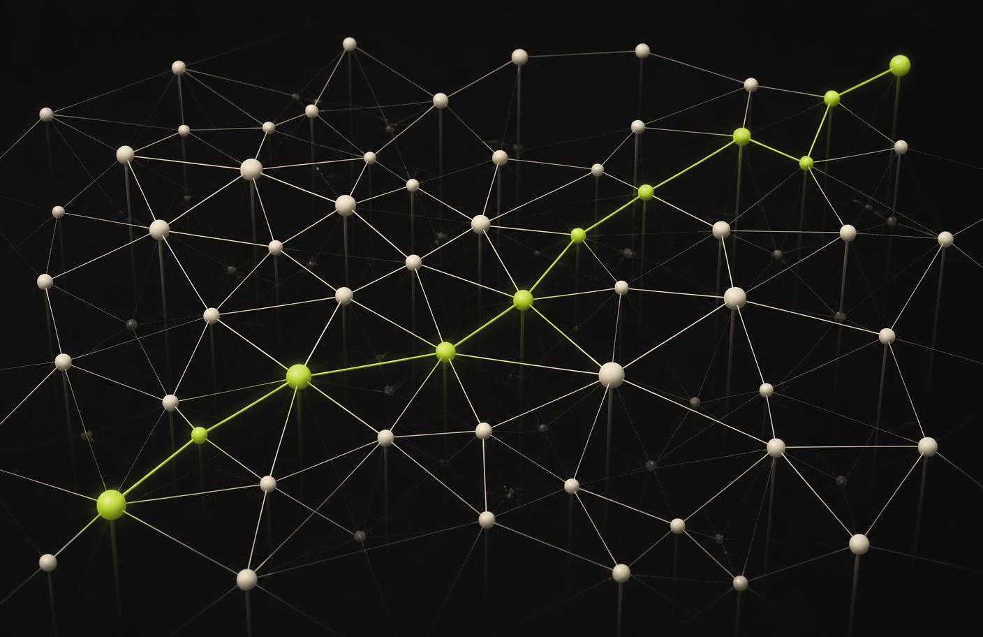 Abstract network diagram of pale connected nodes with one highlighted lime path
