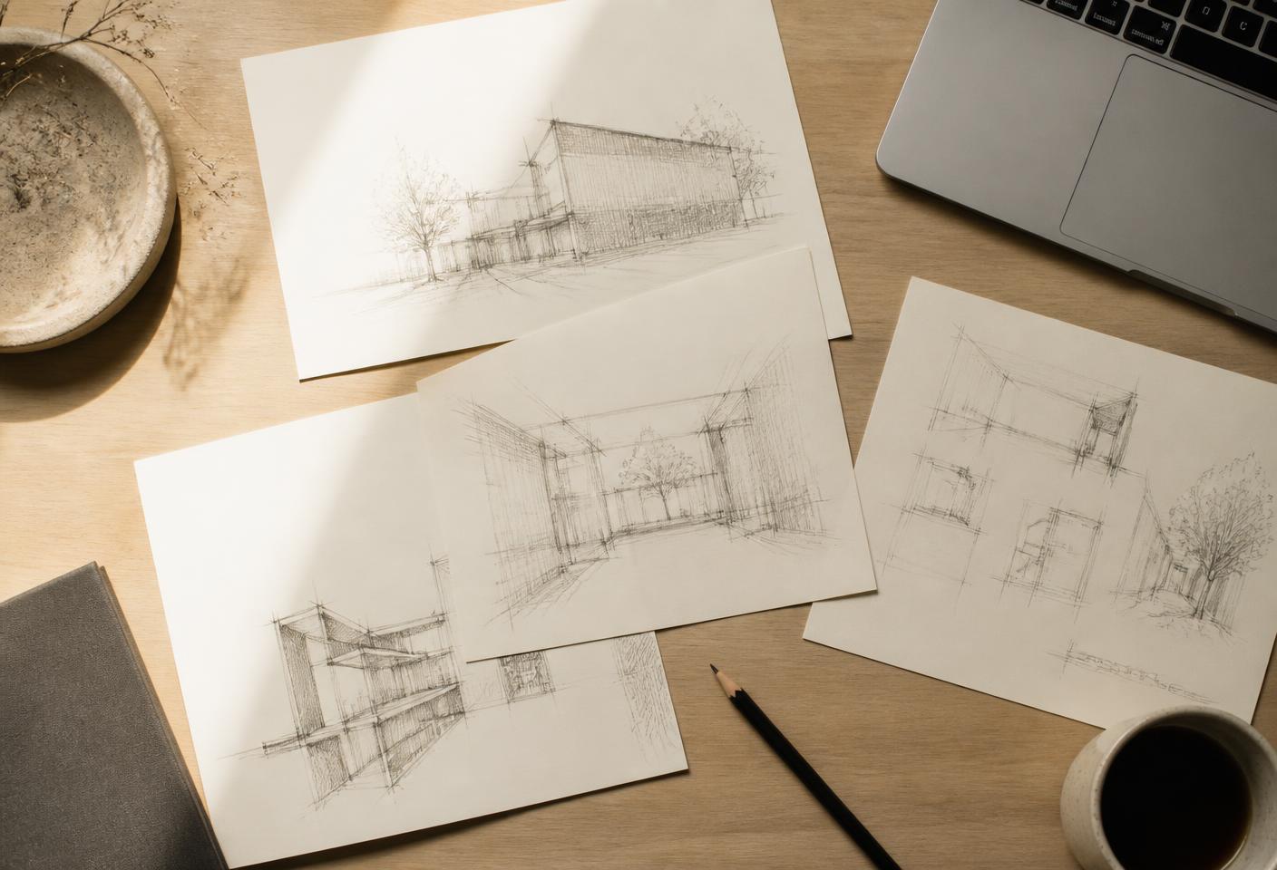 Overhead view of hand-drawn system sketches on ivory paper beside a pencil and laptop