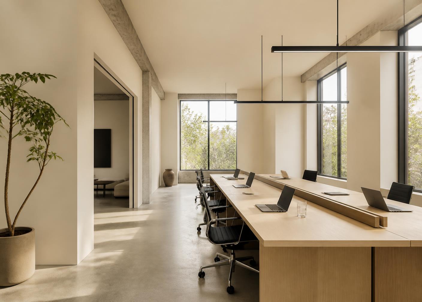 Bright minimal office interior with a long shared desk, laptops and tall windows